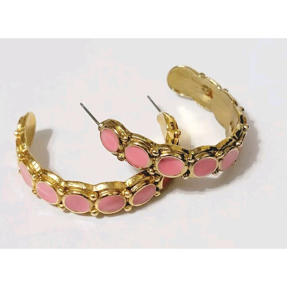 Vintage Pink Pierced Earrings, Large Hoops, Enamel, 1.5" Fun Retro‎ Jewelry rp-7